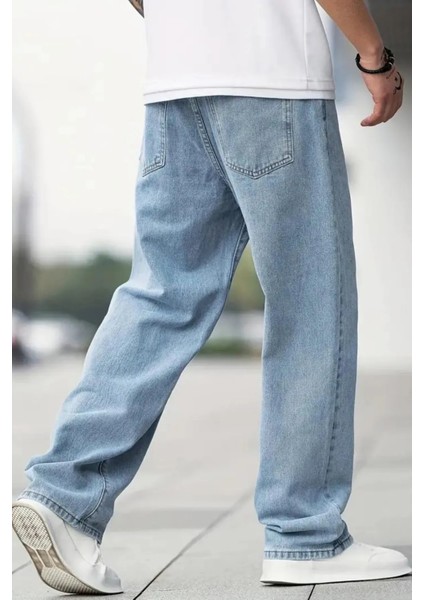 Erkek Baggy Model Açık Mavi Asit Yıkama Kot Pantolon Denim Jean
