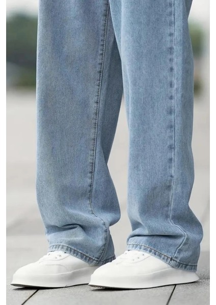 Erkek Baggy Model Açık Mavi Asit Yıkama Kot Pantolon Denim Jean
