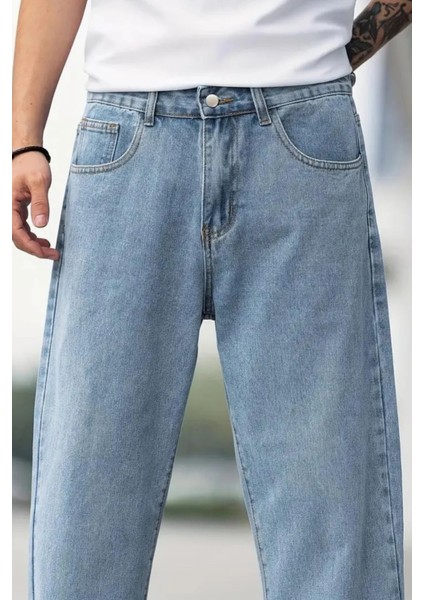 Erkek Baggy Model Açık Mavi Asit Yıkama Kot Pantolon Denim Jean