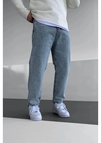 Erkek Asit Yıkama Yıpratmalı Mavi Kot Baggy Pantolon Jean