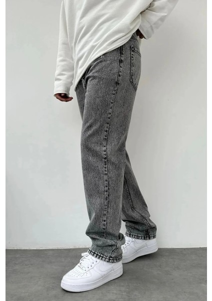 Erkek Asit Yıkama Gri Bol Paça Jean Kot Baggy Pantolon