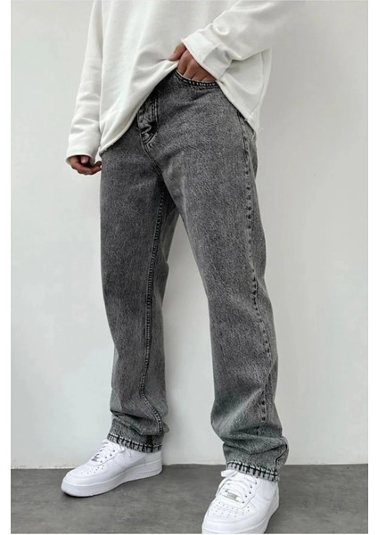 Erkek Asit Yıkama Gri Bol Paça Jean Kot Baggy Pantolon fiyatları