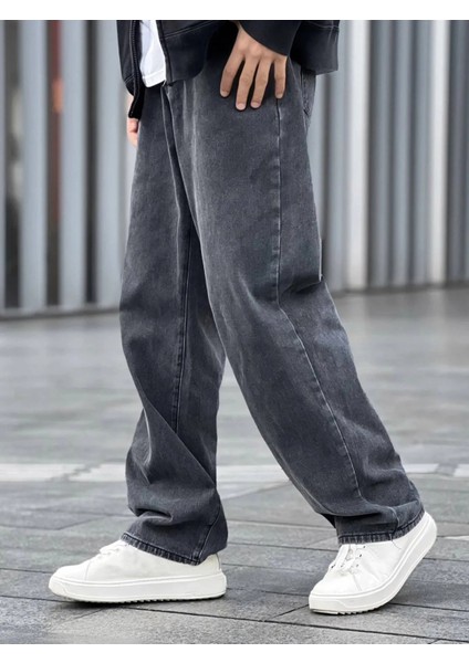 Erkek Asit Yıkama Antrasit Bol Paça Jean Kot Baggy Pantolon