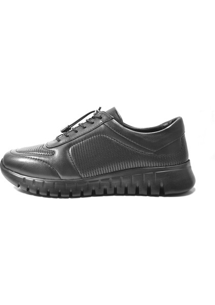1185-E Deri Siyah Lastikli Ortopedik Casual Kadın Spor Ayakkabı
