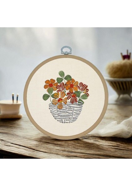 Saksı Çiçekler Nakış - Yuvarlak Pano Kasnak ÇAP:17CM