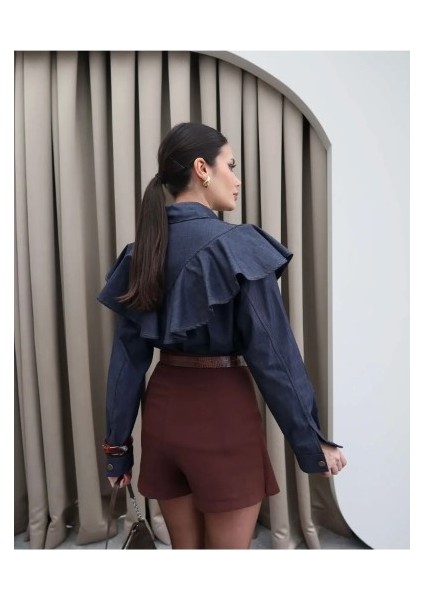 Önden Düğmeli Pile Detay Özel Tasarım Denim Gömlek fiyatları