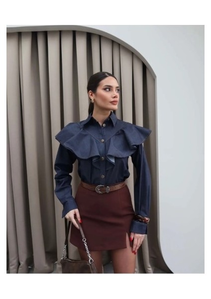 Önden Düğmeli Pile Detay Özel Tasarım Denim Gömlek