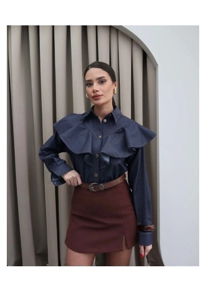 Önden Düğmeli Pile Detay Özel Tasarım Denim Gömlek modelleri