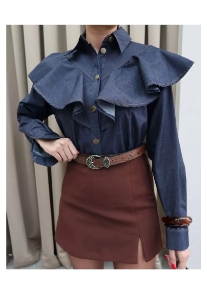 Önden Düğmeli Pile Detay Özel Tasarım Denim Gömlek fırsatları