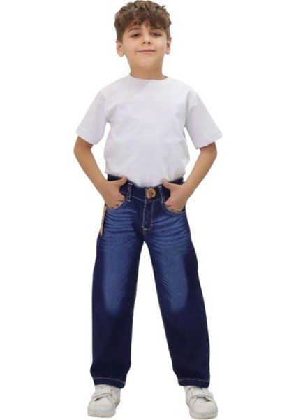 Erkek Çocuk Baggy Model Bol Paça Taşlanmış Desenli Lacivert Kot Pantolon 2890