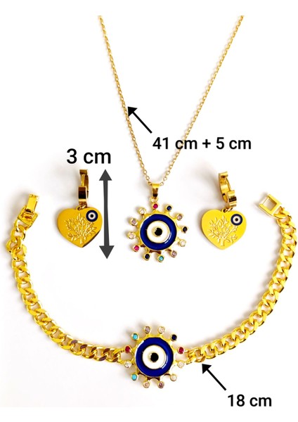 Küpe Bileklik ve Zincirli Kolye Nazar Boncuk Altın Kaplama 316 L Çelik 3'lü Set + Hediye Paket indirimleri