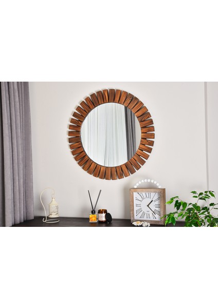 Flower Ahşap Ceviz Rengi Yuvarlak Dekoratif Duvar Salon Banyo Aynası 50 x 50 cm fırsatları