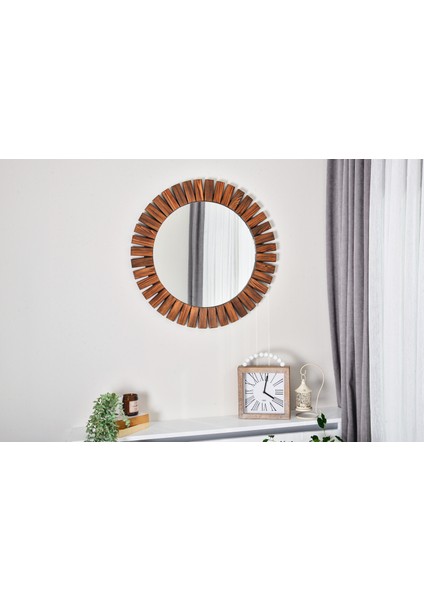 Flower Ahşap Ceviz Rengi Yuvarlak Dekoratif Duvar Salon Banyo Aynası 50 x 50 cm