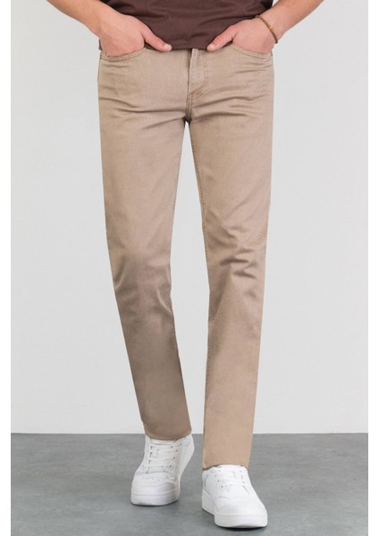 Erkek Bej Regular Fit Likralı Jean Boru Paça Rahat Kesim Kot Pantolon Benjamin