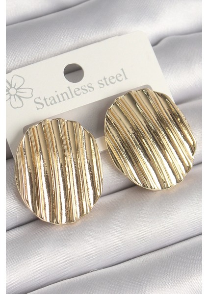 Heyf Pirinç Gold Renk Işlemeli Daire Plaka Model Kadın Küpe