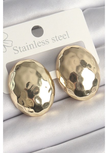 Heyf Pirinç Gold Renk Işlemeli Bombe Oval Model Kadın Küpe