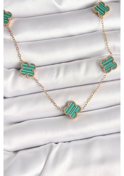 Heyf 316L Çelik Gold Renk Zincir Yeşil Yonca Model Kadın Kolye