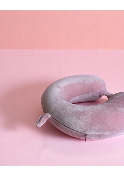 Gezgin Çocuk Boyun Yastığı - Düz Pembe, Yumuşak Visko, Ergonomik, Çıtçıtlı