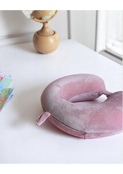 Gezgin Çocuk Boyun Yastığı - Düz Pembe, Yumuşak Visko, Ergonomik, Çıtçıtlı