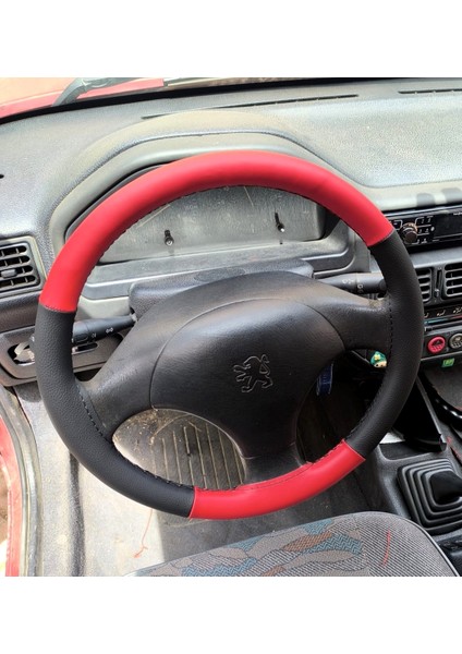 Dikişli Direksiyon Kılıfı Kırmızı Deri Siyah Deri Siyah Dikişli Peugeot 106 Için