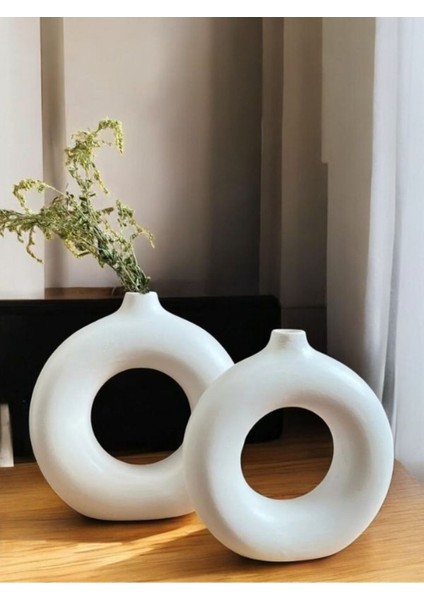 2'li Simit Dekoratif Obje, Beyaz Simit Yuvarlak Bohem Halka Vazo