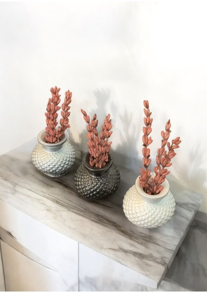 3lü Dekoratif Gümüş, Metalik Siyah, Inci Mini Vazo Set + Şoklanmış Çiçek
