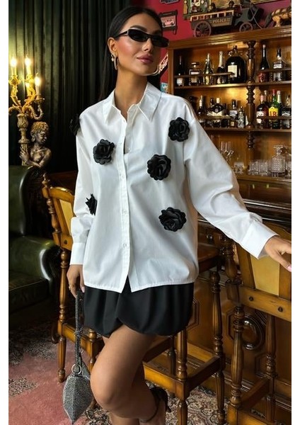 Gül Aksesuarlı Poplin Gömlek 3442
