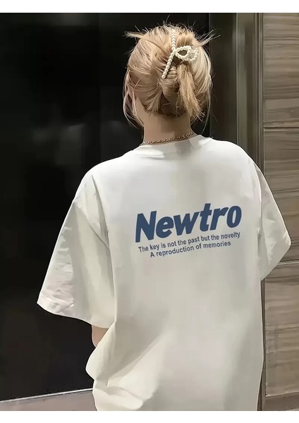 Baskılı Oversize Bisiklet Yaka T-Shirt - Beyaz