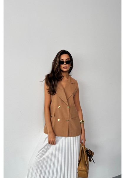 Gold Düğmeli Keten Yelek - Kahverengi