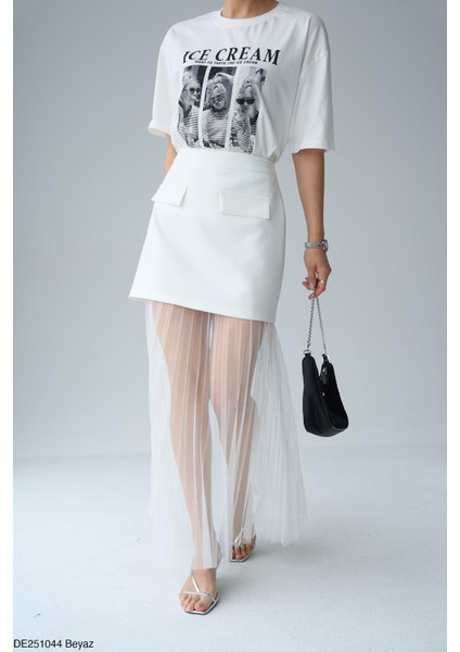 Fermuarlı ve Cep Detaylı Pileli Tüllü Etek