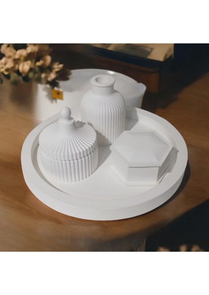 Tepsili Organizer Kapaklı Set ve Dekoratif Vazo Makyaj Masası Takılık ve Banyo Kapaklı Organizer
