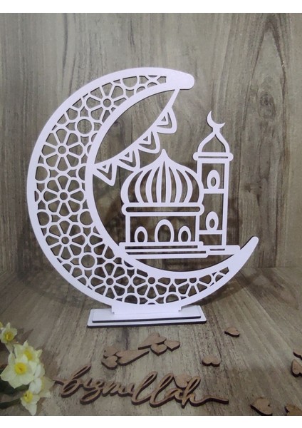 Cami ve Hilal Detaylı Beyaz Mdf Masa Sofra Ünite Süsü Ayaklı Dekoratif Ramazan Dekoru 15 x 15 cm