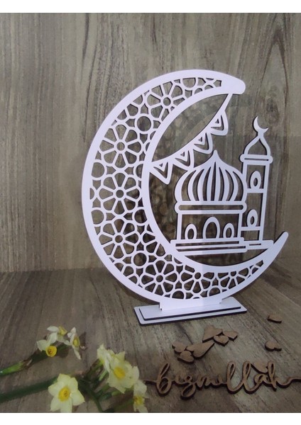 Cami ve Hilal Detaylı Beyaz Mdf Masa Sofra Ünite Süsü Ayaklı Dekoratif Ramazan Dekoru 15 x 15 cm fiyatları