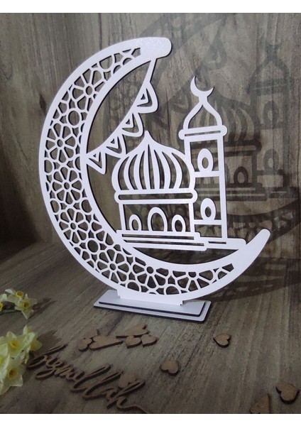 Cami ve Hilal Detaylı Beyaz Mdf Masa Sofra Ünite Süsü Ayaklı Dekoratif Ramazan Dekoru 15 x 15 cm modelleri