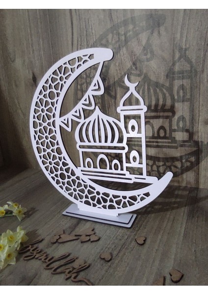 Cami ve Hilal Detaylı Beyaz Mdf Masa Sofra Ünite Süsü Ayaklı Dekoratif Ramazan Dekoru 15 x 15 cm fırsatları