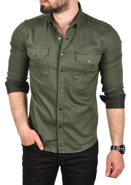 Slim Fit Kolay Ütülenebilir Pamuklu Spor Gömlek Likralı Kot Gömlek 2502505