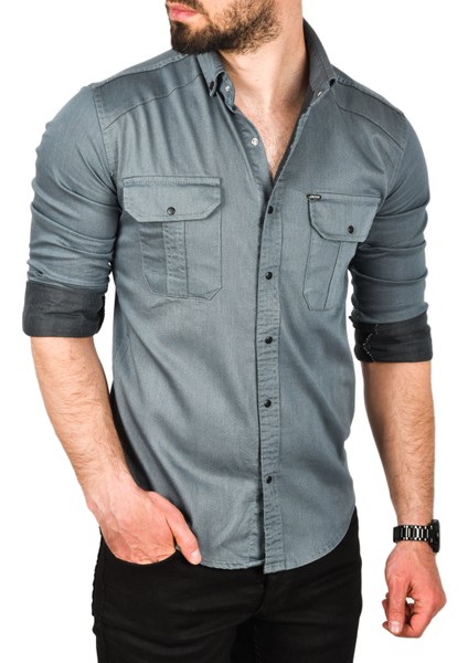 Slim Fit Kolay Ütülenebilir Pamuklu Spor Gömlek Likralı Kot Gömlek 2502505
