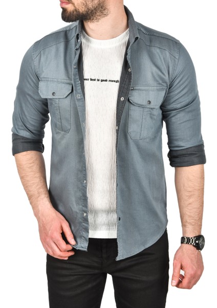 Slim Fit Kolay Ütülenebilir Pamuklu Spor Gömlek Likralı Kot Gömlek 2502505