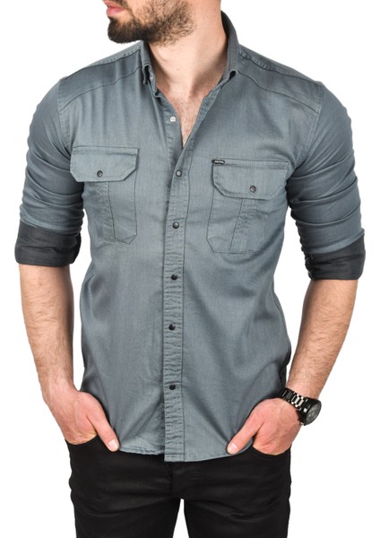 Slim Fit Kolay Ütülenebilir Pamuklu Spor Gömlek Likralı Kot Gömlek 2502505