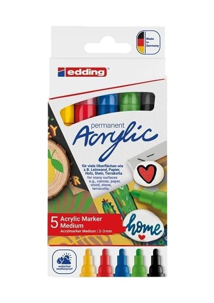 5100 Akrilik Markör - Siyah Kırmızı Mavi Sarı Sarı-Yeşil - Akrilik Markörler 5'li Paket (Temel)