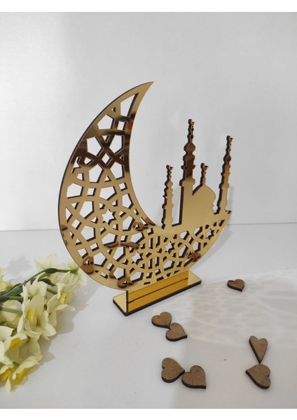 Cami ve Hilal Detaylı Gold Pleksili Masa Sofra Ünite Süsü Dekoratif Ayaklı Ramazan Dekoru 15 x 15 C fiyatları