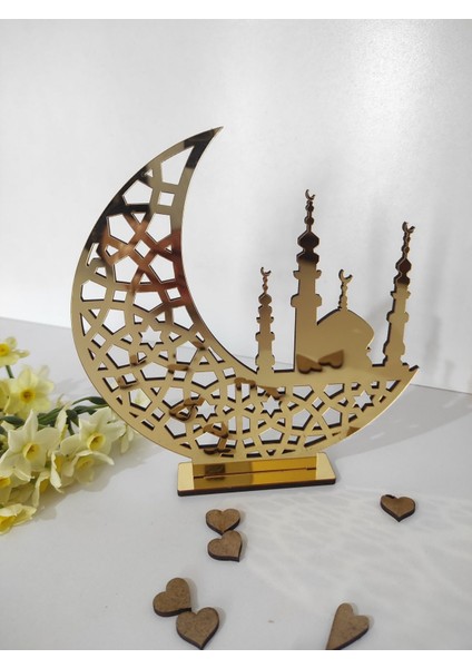Cami ve Hilal Detaylı Gold Pleksili Masa Sofra Ünite Süsü Dekoratif Ayaklı Ramazan Dekoru 15 x 15 C modelleri