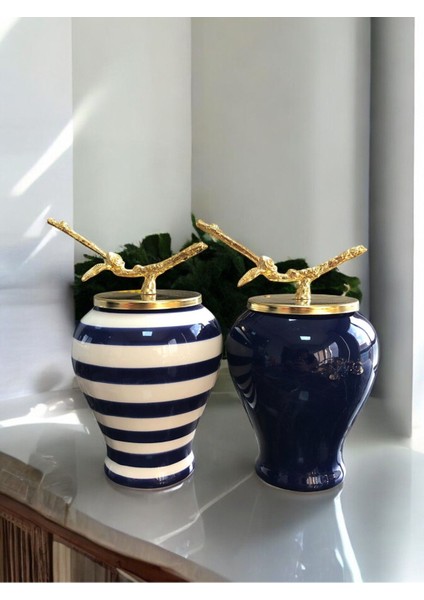 Dekoratif Obje Şah Küp 2 Li Gold Dal Zamaklı Lacivert Klasik Zebra - Feray Home
