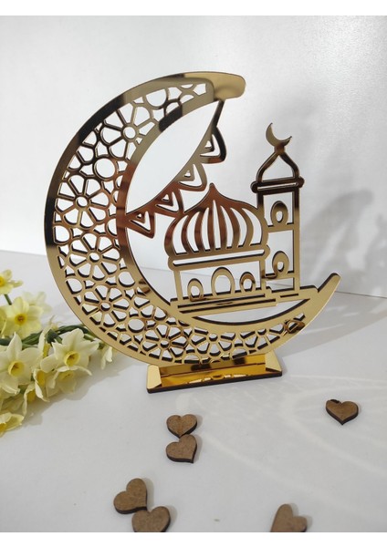 Cami ve Hilal Detaylı Gold Pleksili Masa Sofra Ünite Süsü Dekoratif Ayaklı Ramazan Dekoru 15 x 15 C