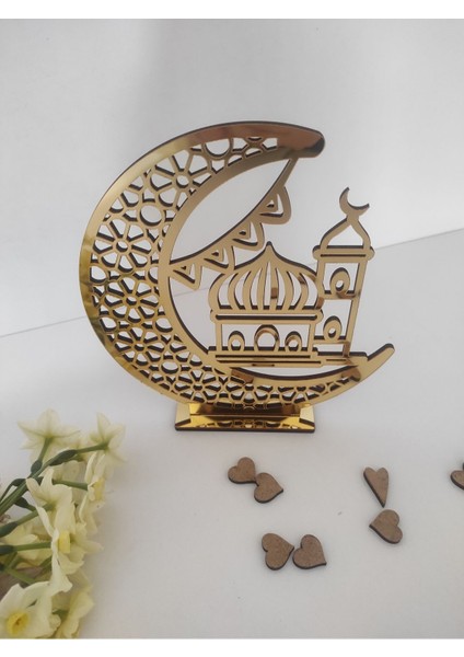 Cami ve Hilal Detaylı Gold Pleksili Masa Sofra Ünite Süsü Dekoratif Ayaklı Ramazan Dekoru 15 x 15 C modelleri