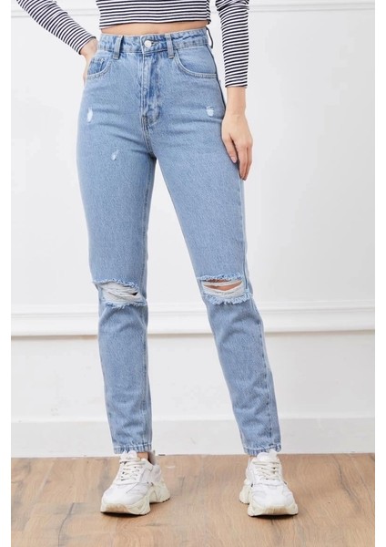 Yüksek Bel Yırtmaçlı Mom Jean Pantolon
