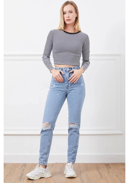 Yüksek Bel Yırtmaçlı Mom Jean Pantolon