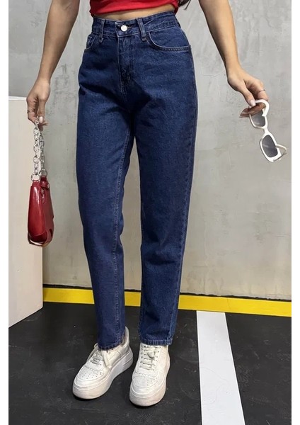 Düz Orta Kadın Mavi Slim Fit Mom Pantolon