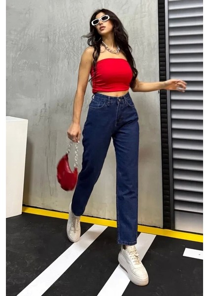Düz Orta Kadın Mavi Slim Fit Mom Pantolon