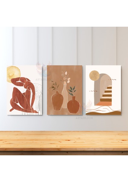 3'lü Set Kanvas Tablo Minimalist Boho Modern Kadın Vazo Merdiven Duvar Tablosu Bohemian Kanvas Tablo